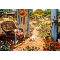 Пейзаж: кошки и цветник, выполненный маслом на холсте